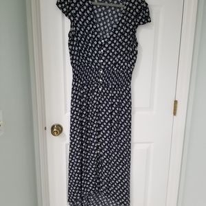 Flowy BOHO Navy & white Print Summer Midi Dress Large elastic waist!